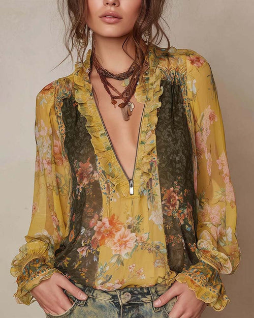 LILLIAN – ROMANTISCHE BLUSE MIT BLUMENMUSTER UND REISSVERSCHLUSS