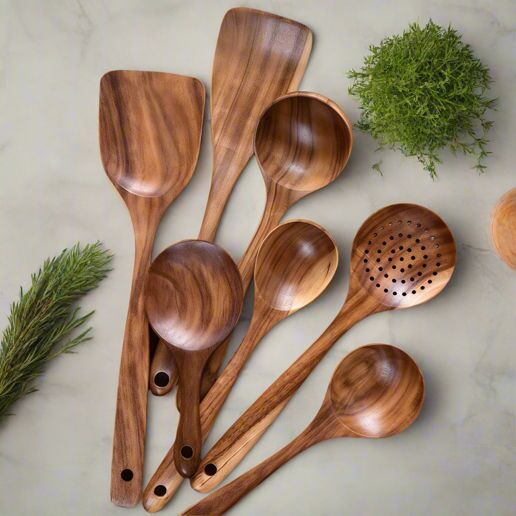 Culina Arte | Hochwertiges und elegantes Teak Holz Küchenutensilien-Set