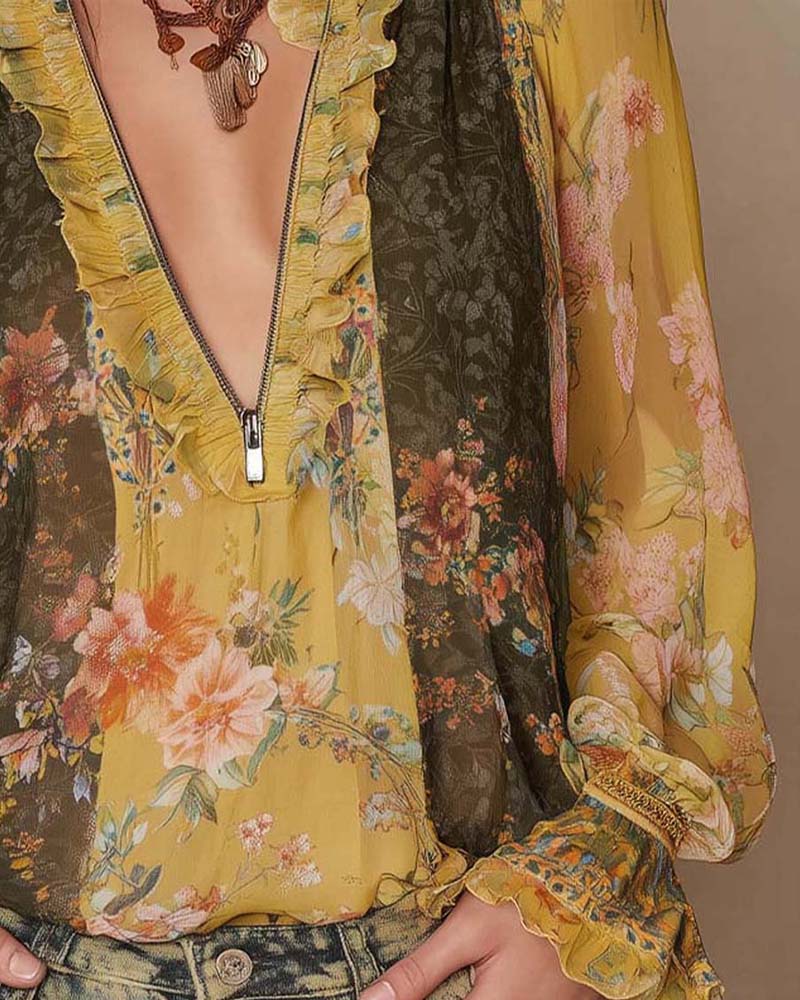 LILLIAN – ROMANTISCHE BLUSE MIT BLUMENMUSTER UND REISSVERSCHLUSS