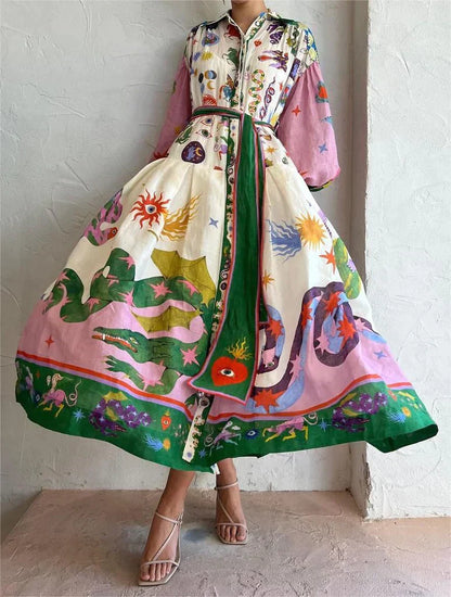 Isabella di Roma | Elegantes Maxikleid mit Druck und Puffärmeln