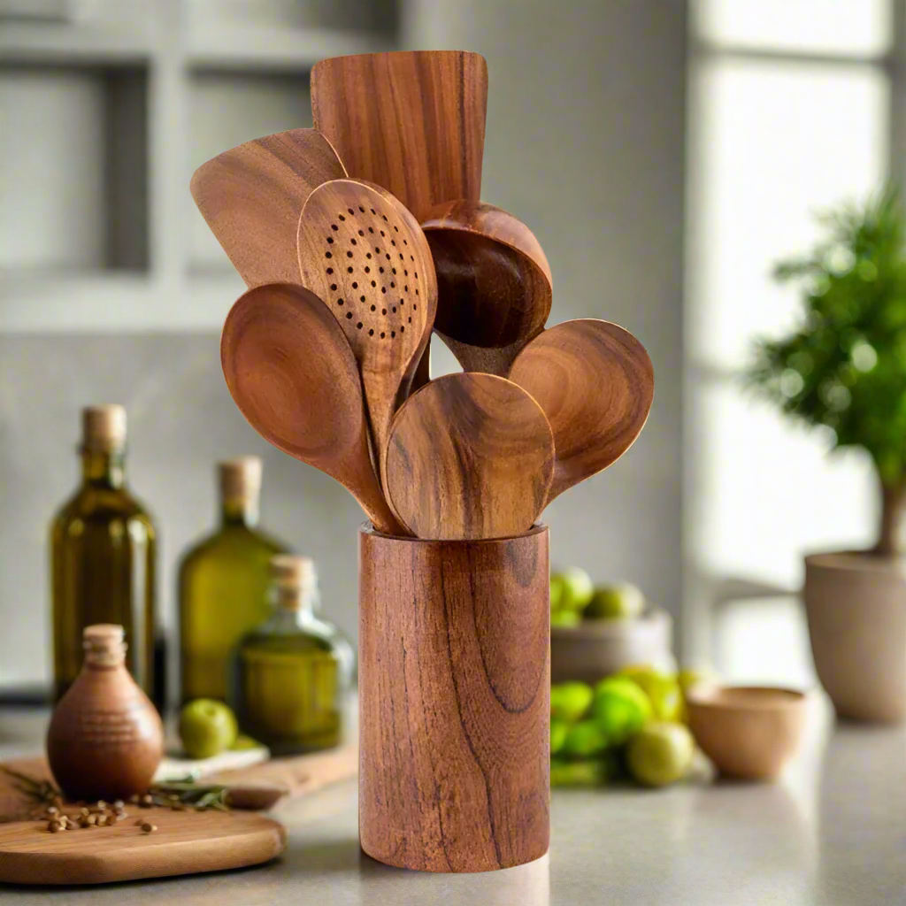 Culina Arte | Hochwertiges und elegantes Teak Holz Küchenutensilien-Set