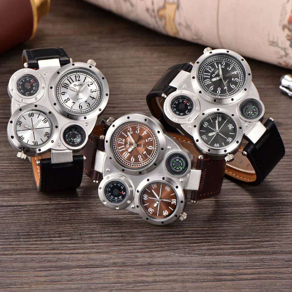 Oulm Titan Sport Dual Time Zone Uhr – Großes Ziffernblatt PU-Leder Quarz für Männer