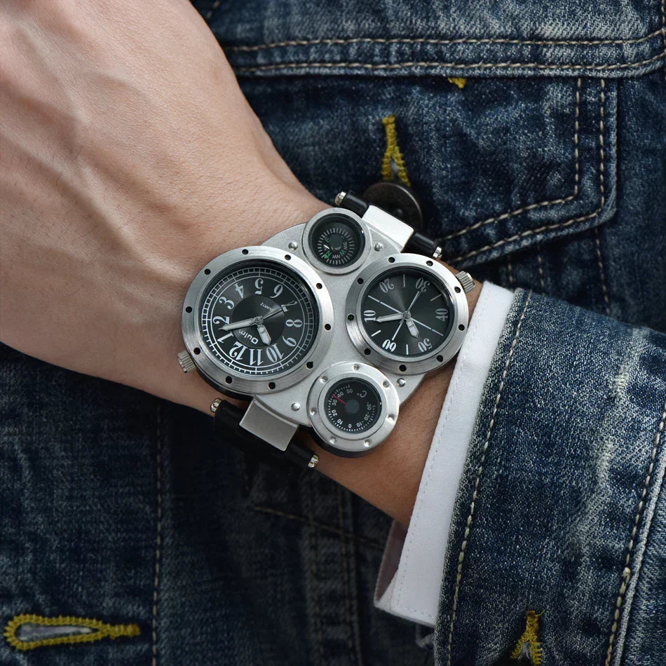 Oulm Titan Sport Dual Time Zone Uhr – Großes Ziffernblatt PU-Leder Quarz für Männer