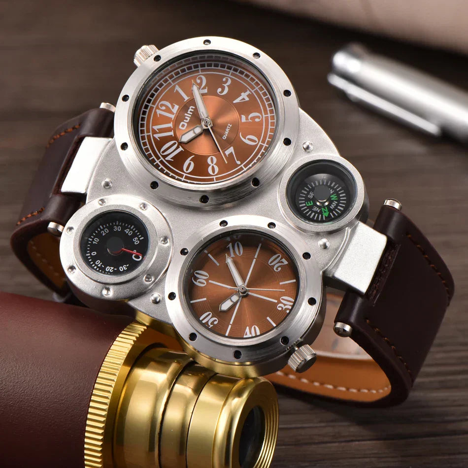 Oulm Titan Sport Dual Time Zone Uhr – Großes Ziffernblatt PU-Leder Quarz für Männer