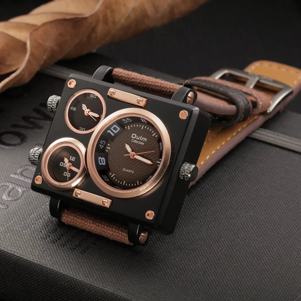 Oulm Maximus Herren Luxus Uhr – Multi-Zeitzonen Stoffarmband Quarz Armbanduhr
