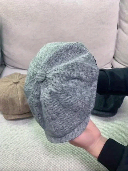 Retro-Cap mit acht Paneelen aus Fischgräten-Tweedstoff, lässige gestreifte Kappe
