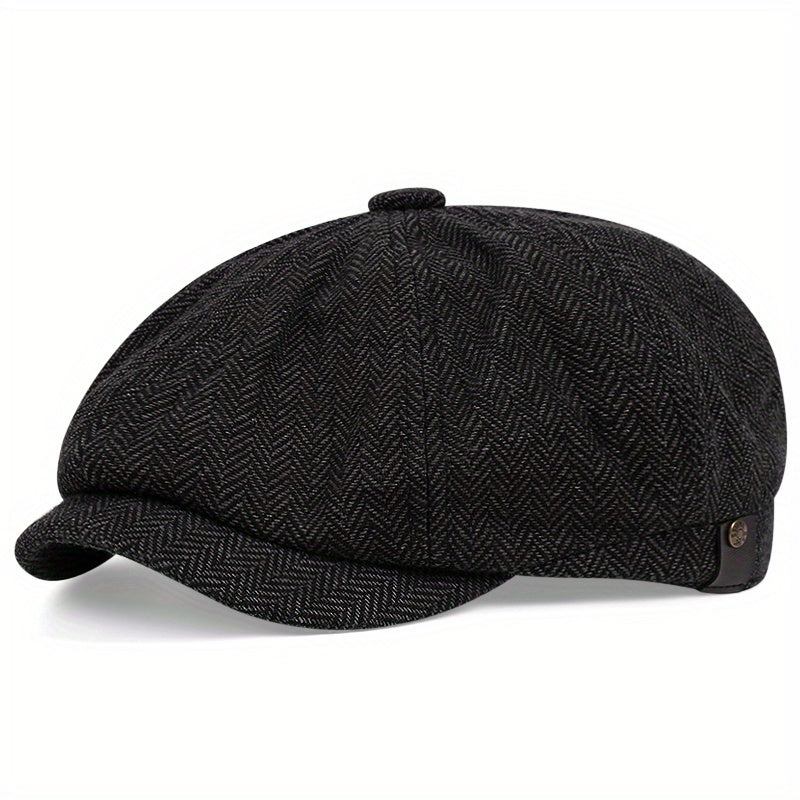 Retro-Cap mit acht Paneelen aus Fischgräten-Tweedstoff, lässige gestreifte Kappe