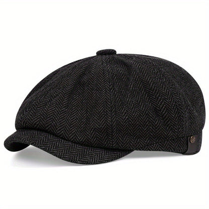 Retro-Cap mit acht Paneelen aus Fischgräten-Tweedstoff, lässige gestreifte Kappe