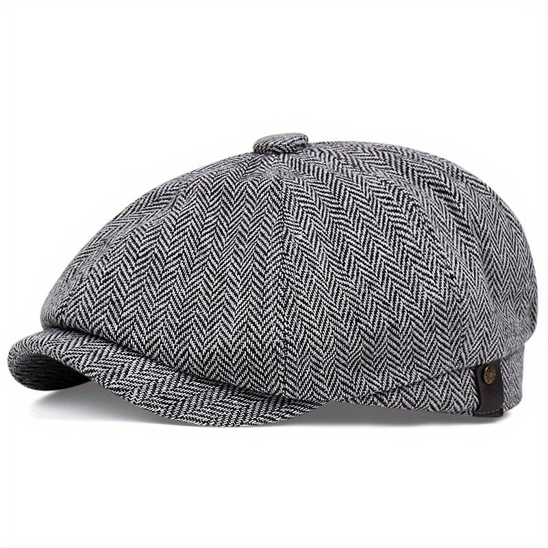 Retro-Cap mit acht Paneelen aus Fischgräten-Tweedstoff, lässige gestreifte Kappe