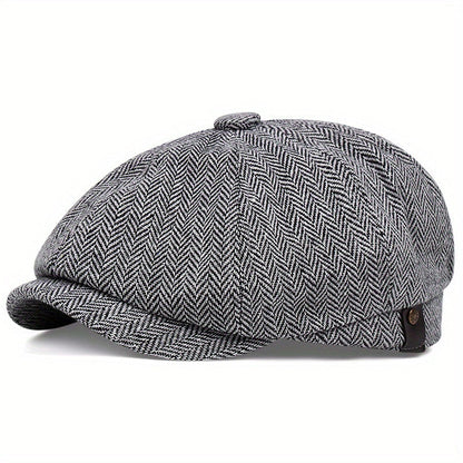 Retro-Cap mit acht Paneelen aus Fischgräten-Tweedstoff, lässige gestreifte Kappe