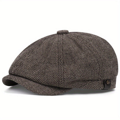 Retro-Cap mit acht Paneelen aus Fischgräten-Tweedstoff, lässige gestreifte Kappe