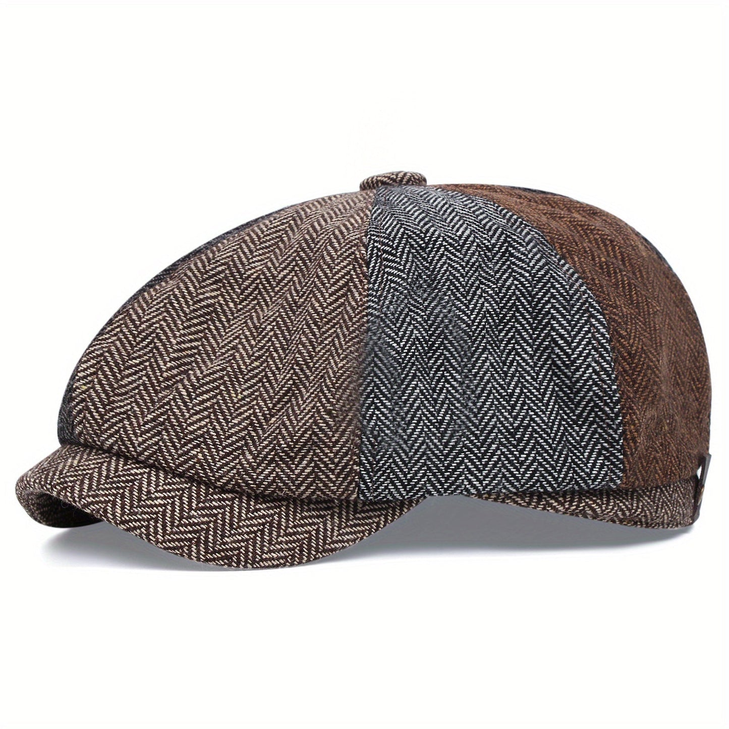 Retro-Cap mit acht Paneelen aus Fischgräten-Tweedstoff, lässige gestreifte Kappe