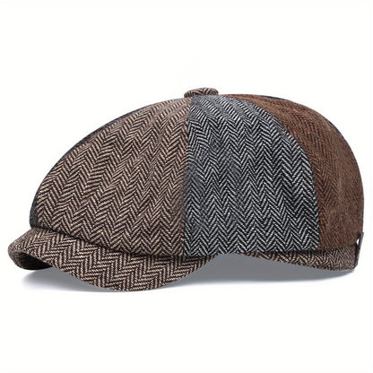 Retro-Cap mit acht Paneelen aus Fischgräten-Tweedstoff, lässige gestreifte Kappe