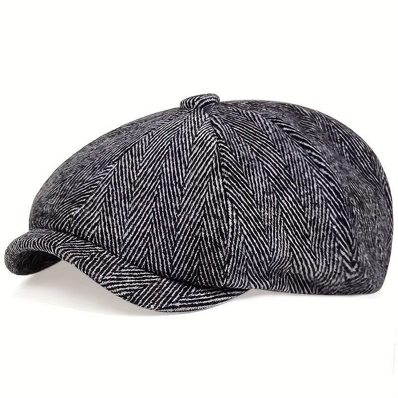 Retro-Cap mit acht Paneelen aus Fischgräten-Tweedstoff, lässige gestreifte Kappe