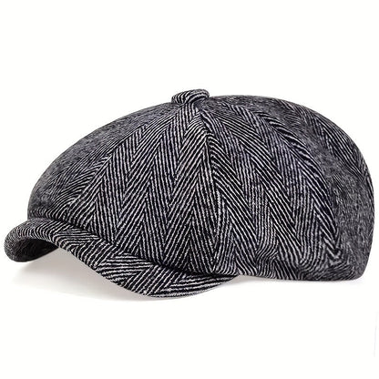 Retro-Cap mit acht Paneelen aus Fischgräten-Tweedstoff, lässige gestreifte Kappe