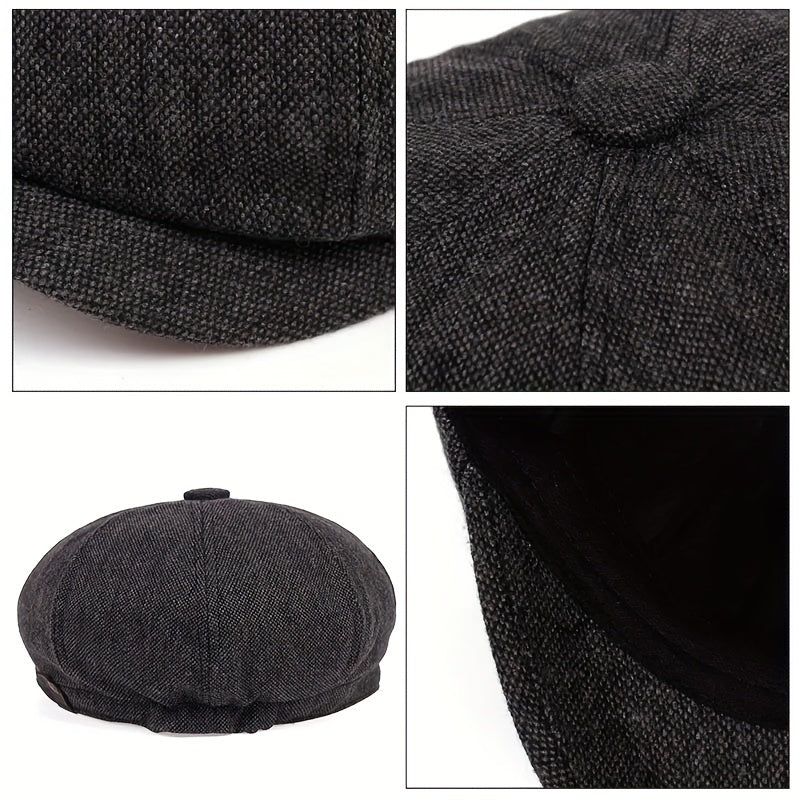 Retro-Cap mit acht Paneelen aus Fischgräten-Tweedstoff, lässige gestreifte Kappe