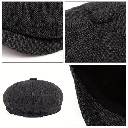 Retro-Cap mit acht Paneelen aus Fischgräten-Tweedstoff, lässige gestreifte Kappe