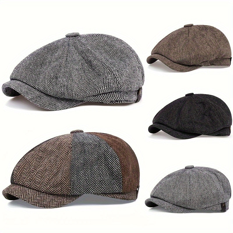 Retro-Cap mit acht Paneelen aus Fischgräten-Tweedstoff, lässige gestreifte Kappe