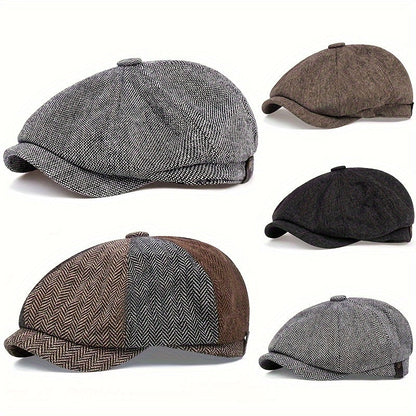 Retro-Cap mit acht Paneelen aus Fischgräten-Tweedstoff, lässige gestreifte Kappe
