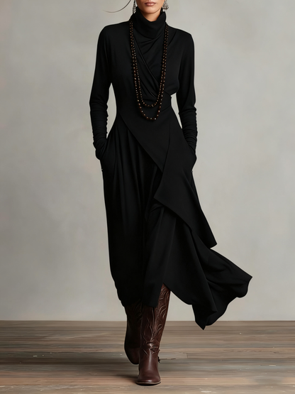 RENATA – ELEGANTES ASYMMETRISCHES MAXIKLEID MIT HOHEM KRAGEN
