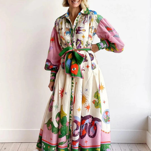 Isabella di Roma | Elegantes Maxikleid mit Druck und Puffärmeln